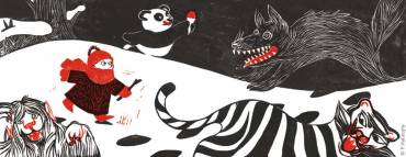 "Un loup des steppes? Un tigre de Sibérie? Un yéti du Ladakh, peut-être? Un panda polaire !". Planche extraite d'Un jardin en hiver", éditions Thierry Magnier.